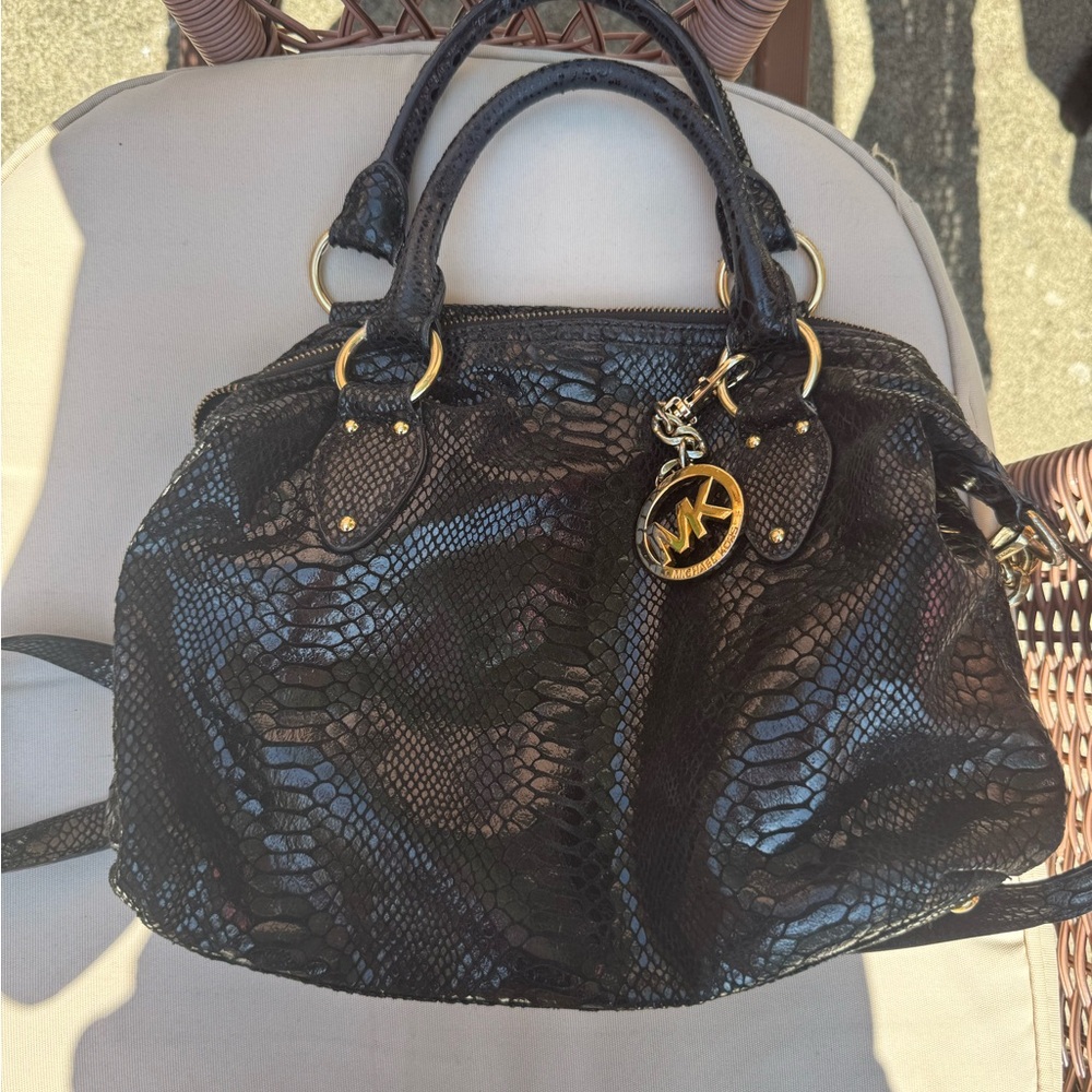 Michael Kors Black Snake-Embossed Satchel with Gold Hardware